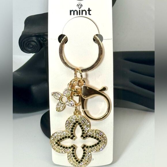Crystal Clover Keychain Charm - Black & Gold Accent - Picture 4 of 7